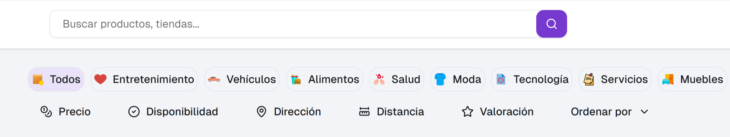 Filtros y barra de búsqueda en Hub