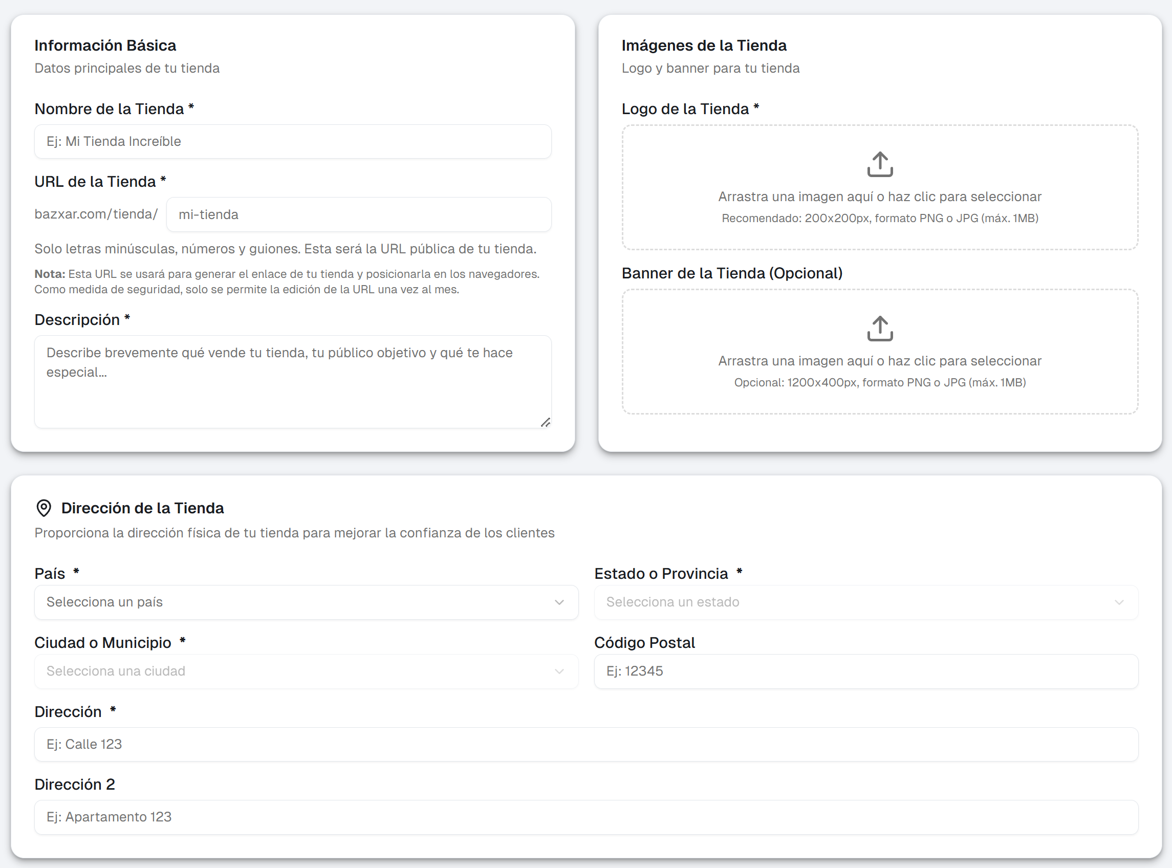 Pantalla de formulario para crear nueva tienda